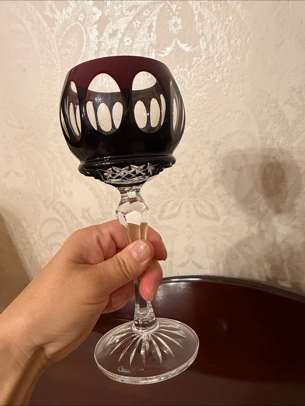 Vintage Cut to clear Cranberry Wine Glass